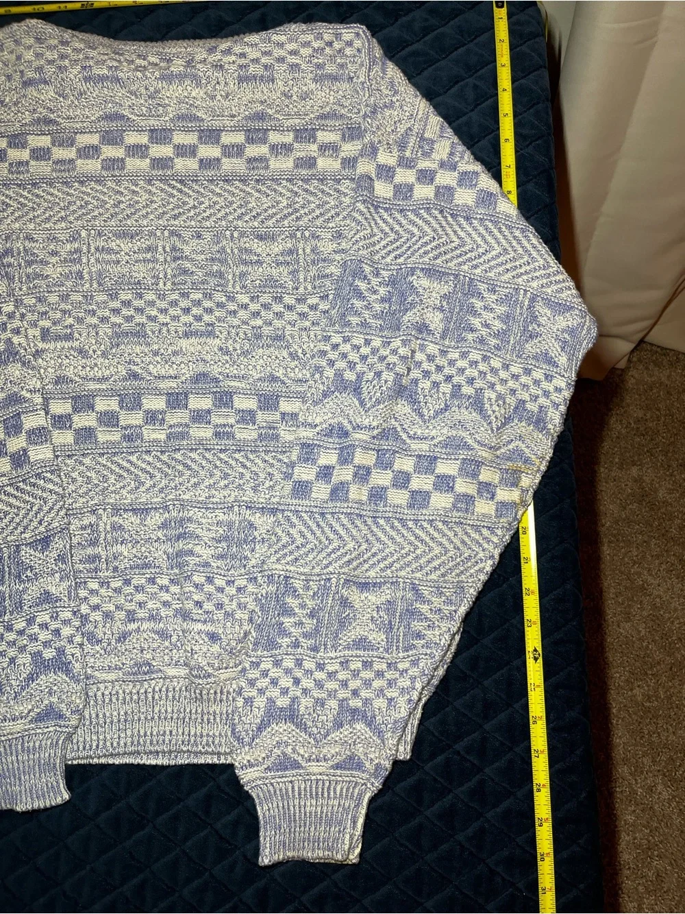 Vintage Men's Patterned Crewneck Sweater - Blue & White - 100% Cotton